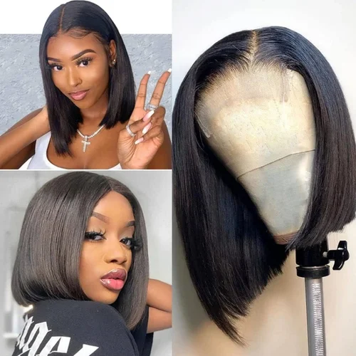 Imagen 2 del producto Pelucas de cabello humano Bob corto liso brasileño de 200% de densidad transparente 4x4 cierre Frontal de encaje 13x4 peluca Frontal de encaje recto Bob