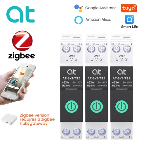 Disyuntor inteligente TUYA ZigBee con medición 1P 63A carril DIN para interruptor de Control remoto inalámbrico de hogar inteligente por aplicación Smart Life