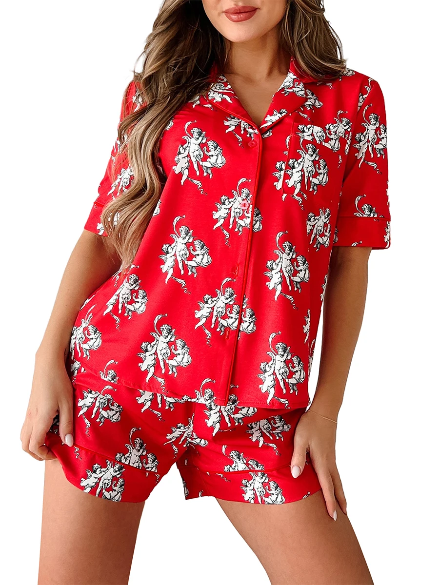 Женский пижамный комплект с принтом ангела, топ с короткими рукавами и шортами, одежда для сна, домашняя одежда