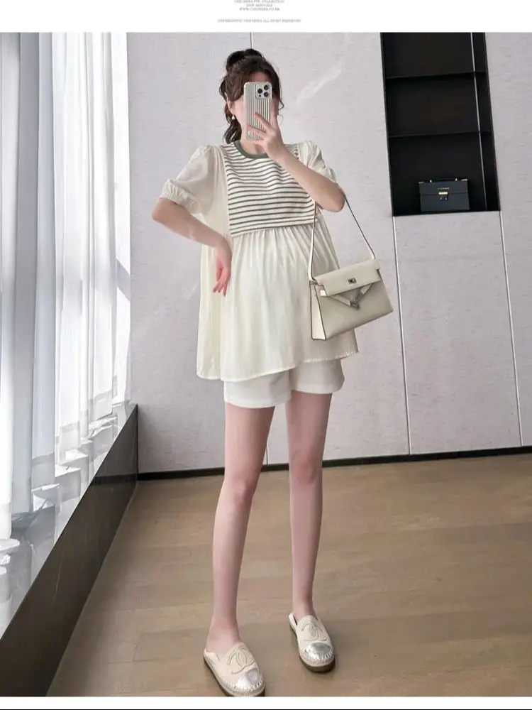 

Pregnant Women Summer Clothing Set Puff Sleeve Striped Patchwork Maternity Top Shirt White Belly Shorts Twinset Loose Pants Suit