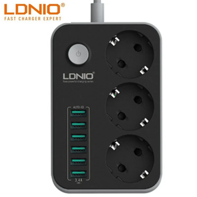 LDNIO USB Power Strip Charging 6 USB Port 5V 3.4A Charger Adapters 3 AC Power Socket Outlets EU Plug Extension Socket