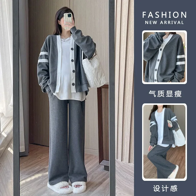 2PCS Pregnancy Outfits Maternity Cardigan Hoodies Pants Set Spring Sports Casual Zipper Sweatshirt Clothes for Pregnant Women