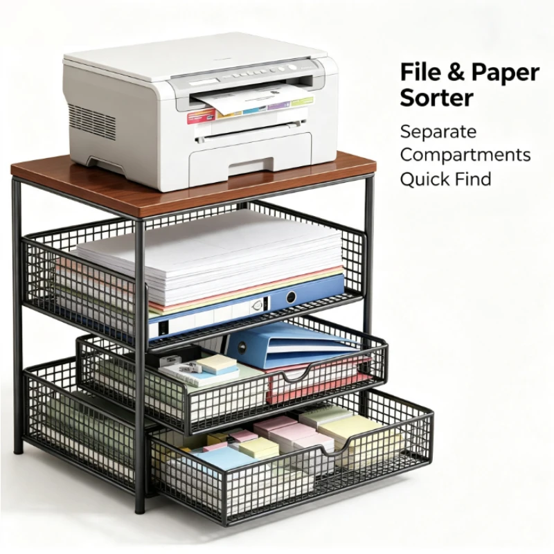 Printer Stand With Mesh Baskets Desktop Organizer For Office Home Storage File Folder Holder Workspace Furniture Accessories