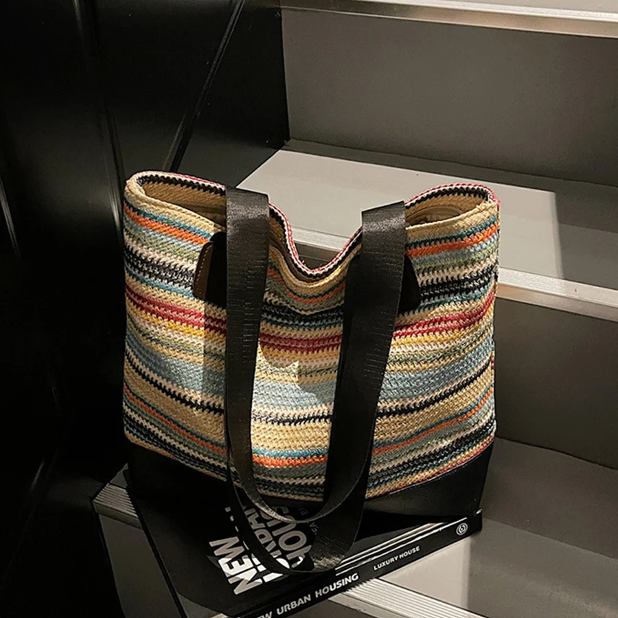 

Women Rainbow Coarse Cloth Imitation Woven Single-Shoulder Bag Summer Large Capacity Basket Handbag Beach Bali Shopper Tote Sac