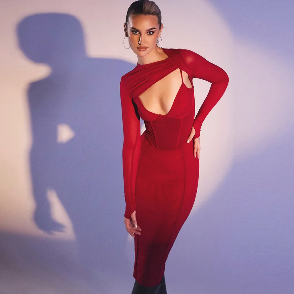 ثوب Fibone جديد مجوف غير متماثل Svel Dr Midi طول مع طيات ربيع الخريف الشتاء الموسمية التفاف الصدر S...