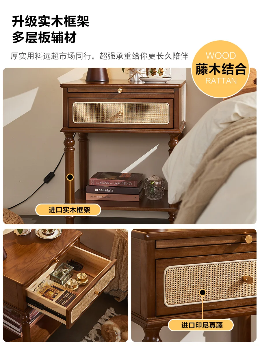Solid wood modern simple bedroom storage locker, small household mini small storage rattan bedside table 4