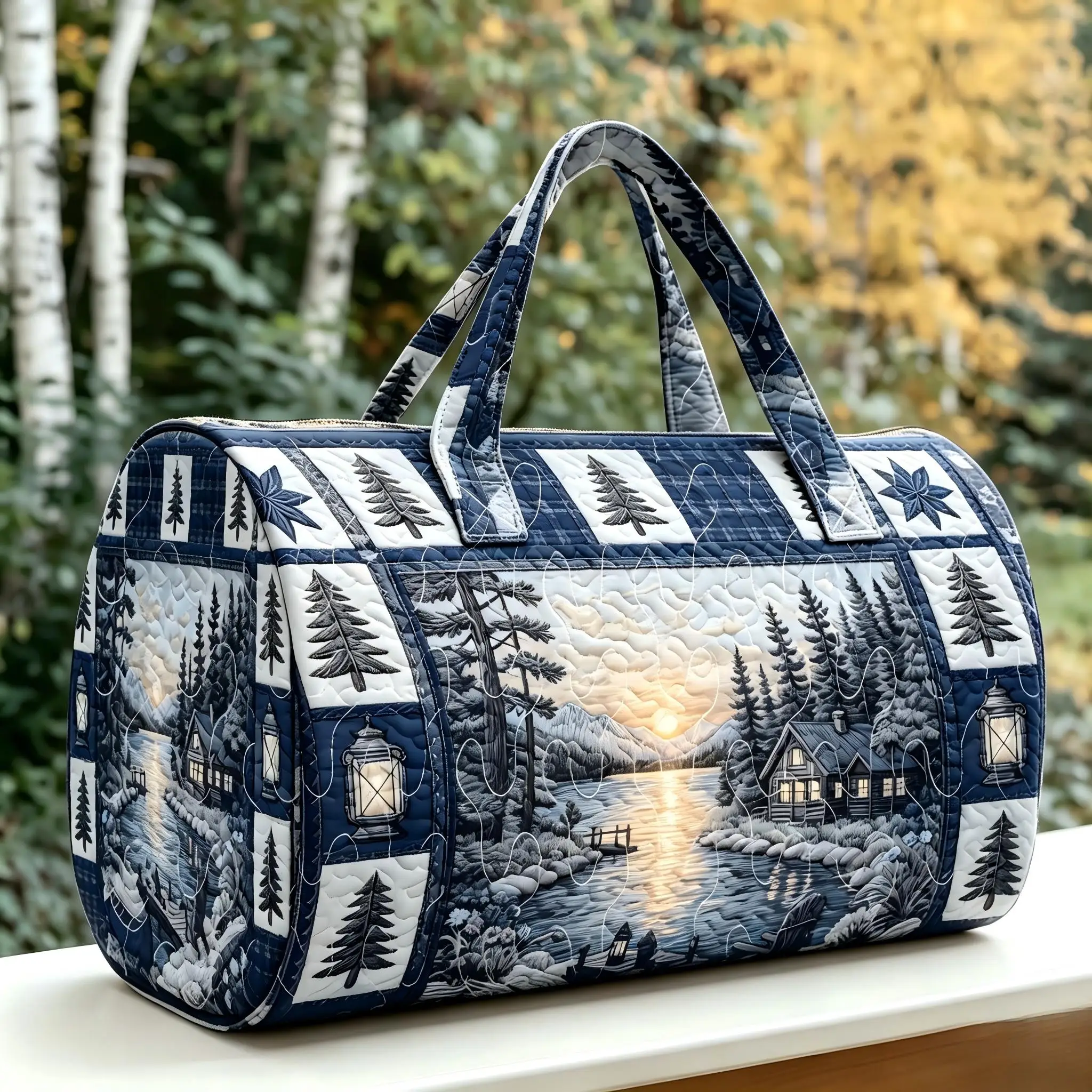 Lakeside Cottage Sunset Canoe Printed Quilted Bag Women's Portable Handheld Travel Bag Christmas Vacation Gift Luggage Bag