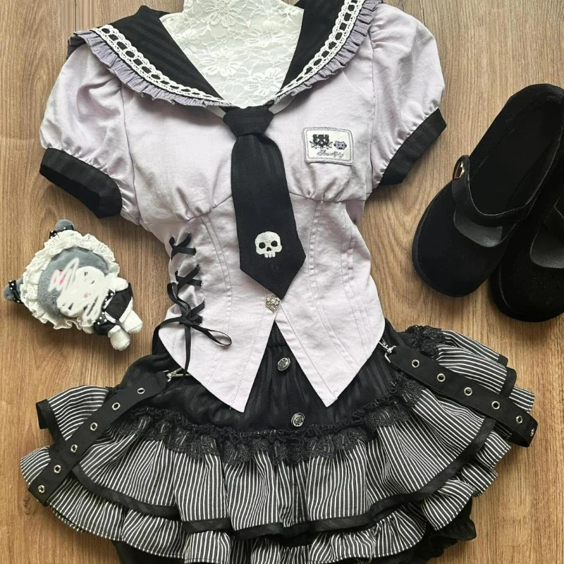 Sweet Gothic Y2k Lolita Uniform 2 Piece Set Japanese Preppy Style Sailor Collar Blouse Women Kawaii Stripe Cake Mini Skirts Suit