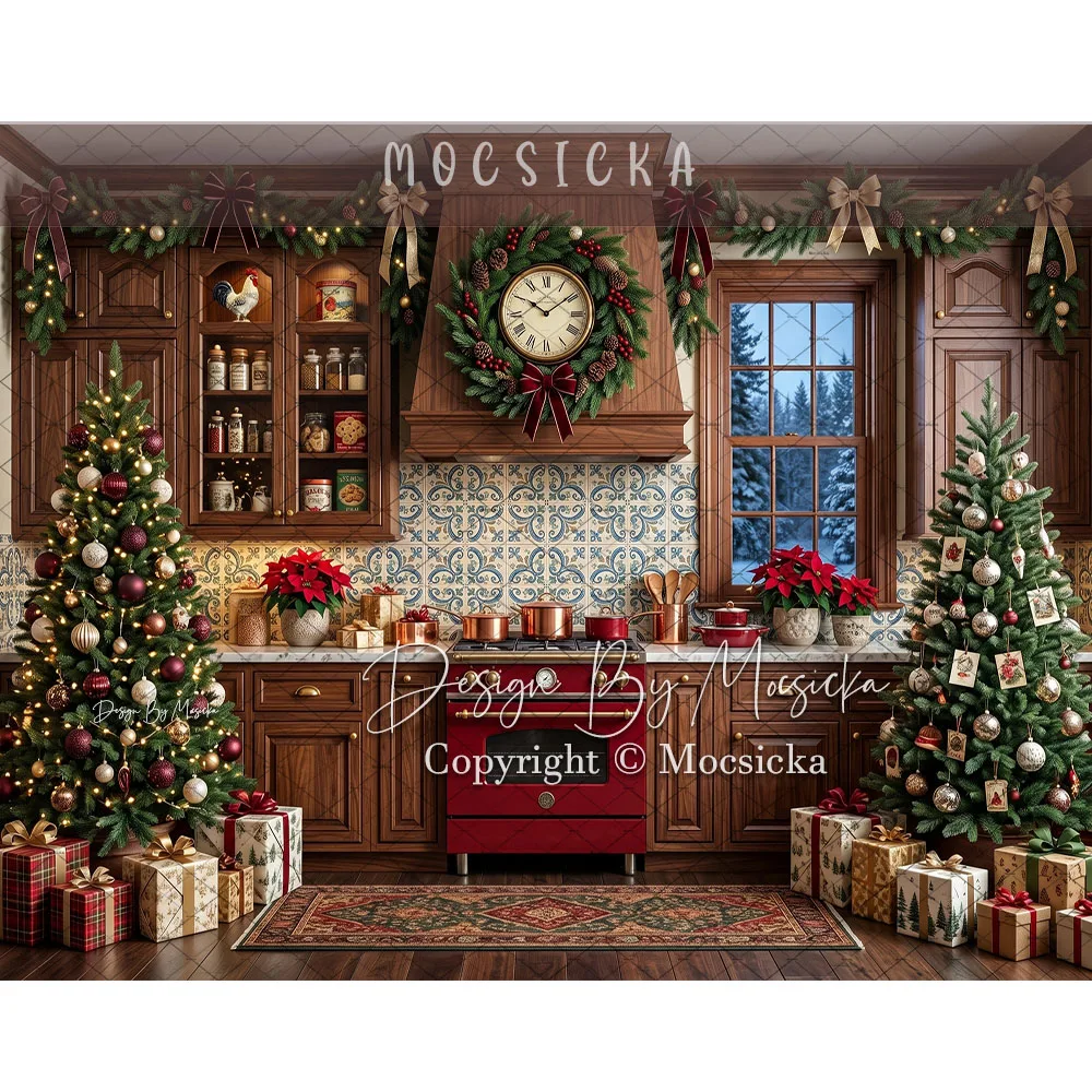 Mocsicka Backdrop Photography Christmas Kitchen Cabinet Wreath Garland Xmas Gingerbread Tree Gift Background Kids Studio Photo