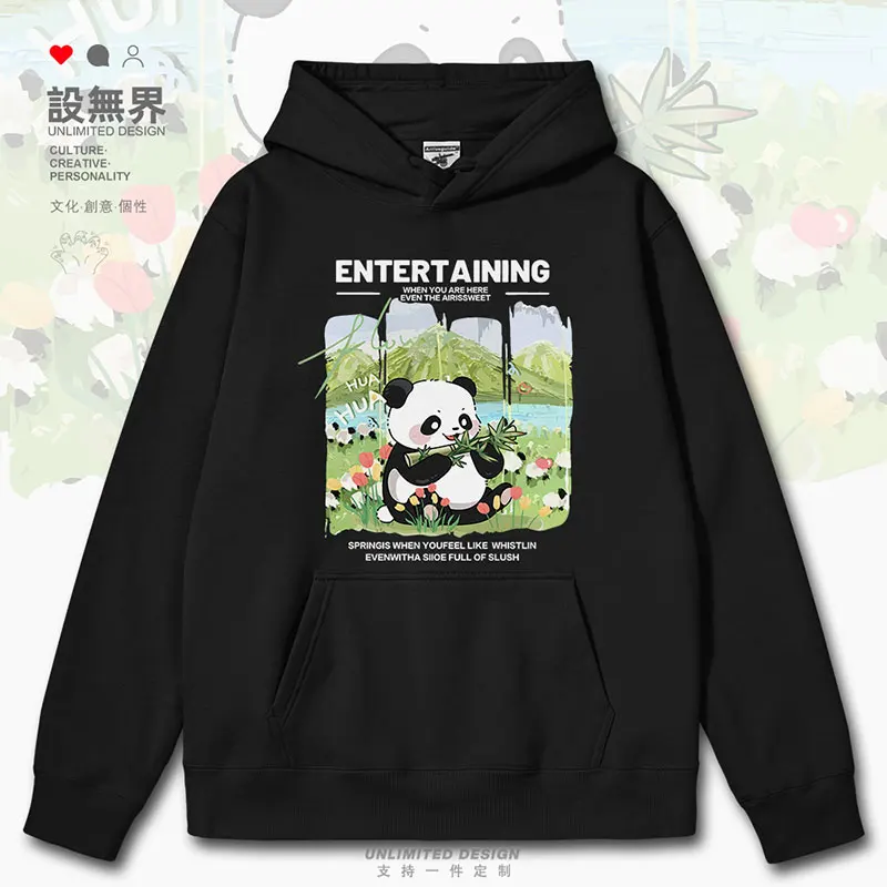 Original hand-painted panda flower eating bamboo cute oil painting mens hoodies white for men fashion clothes autumn winter