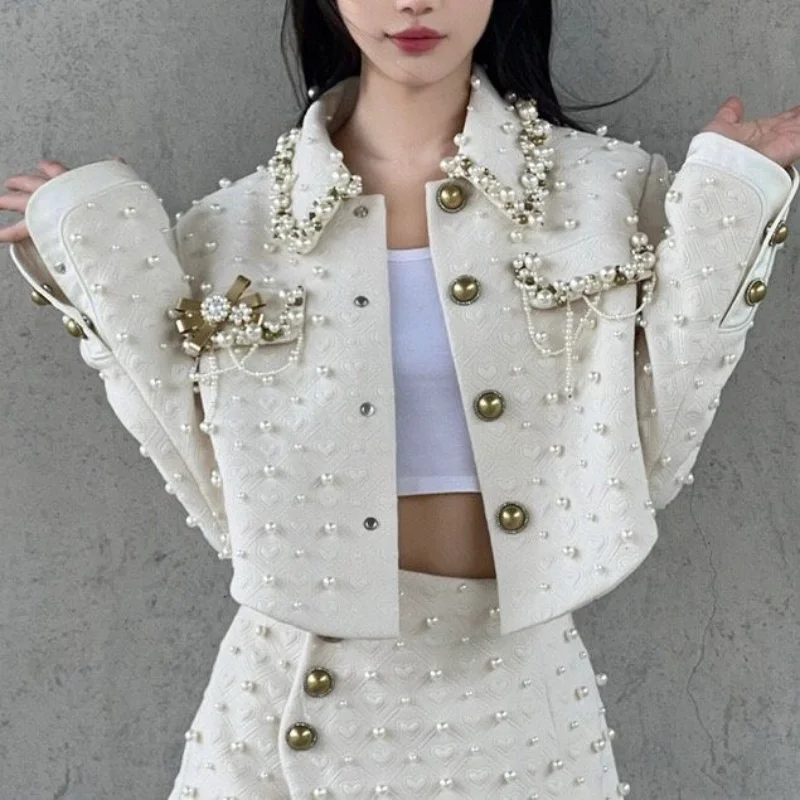 Luxury Pearls Beaded Jacket Turn Down Collar Crystal Chain Tassels Jacket Cardigan Suit Tops+Short Skirt Diamonds Skirt 2pcs Set