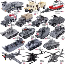 WW2 US Main Battle Tank M26 M12 Armored Car Military Medical Vehicle Speedboat War Scene Trunk Carrier Bricks Toys Boys Gift