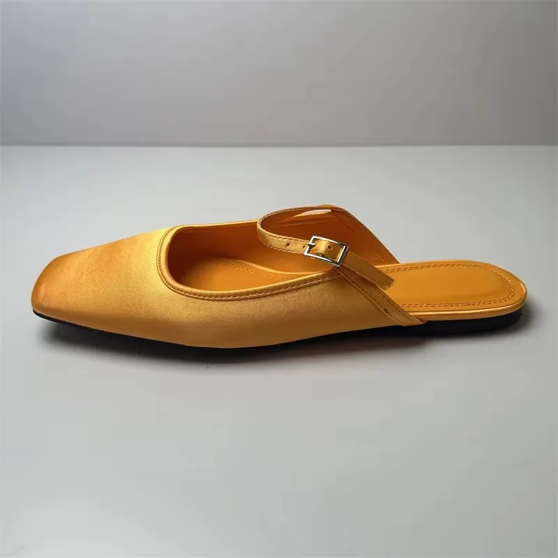 TRAF-zapatillas planas de satén con punta cuadrada para mujer, sandalias informales con hebilla elegante, color naranja, 2024