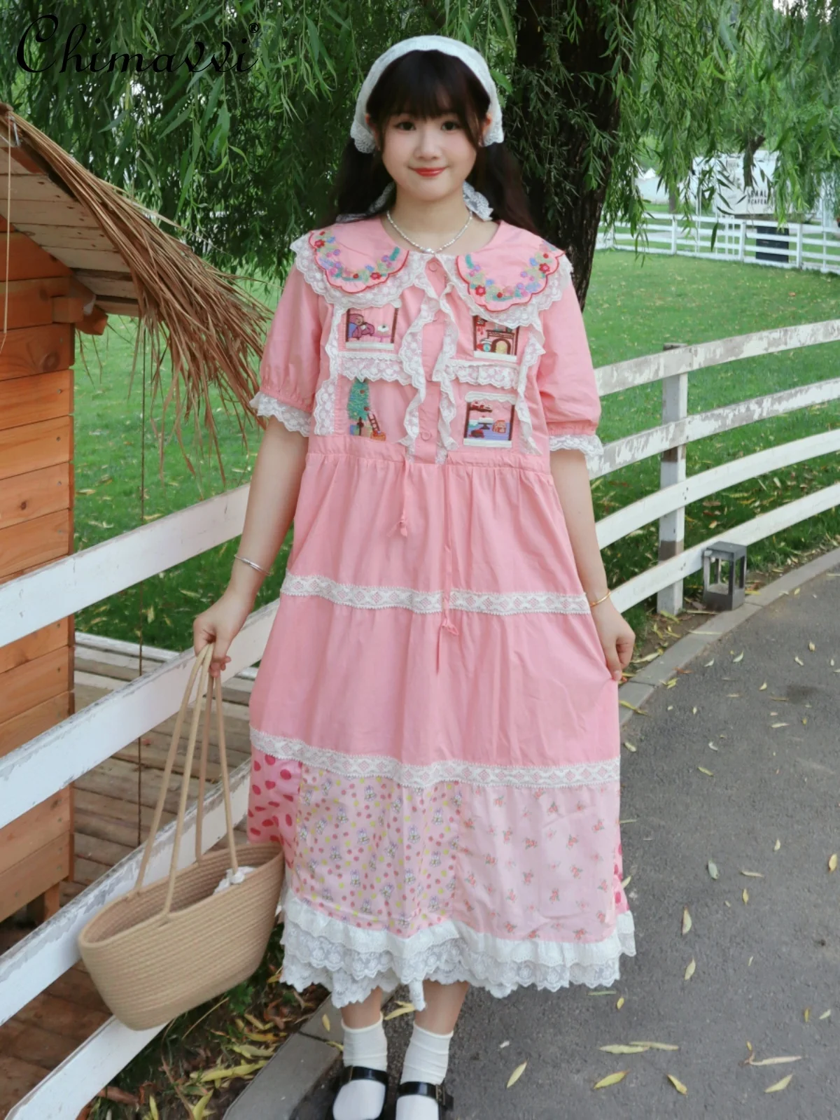 Sweet Girl Pink Lace Embroidered Lapel Short Sleeve Dress Summer Clothes New Fashion Waist-Controlled Elegant Mid-Length Dress