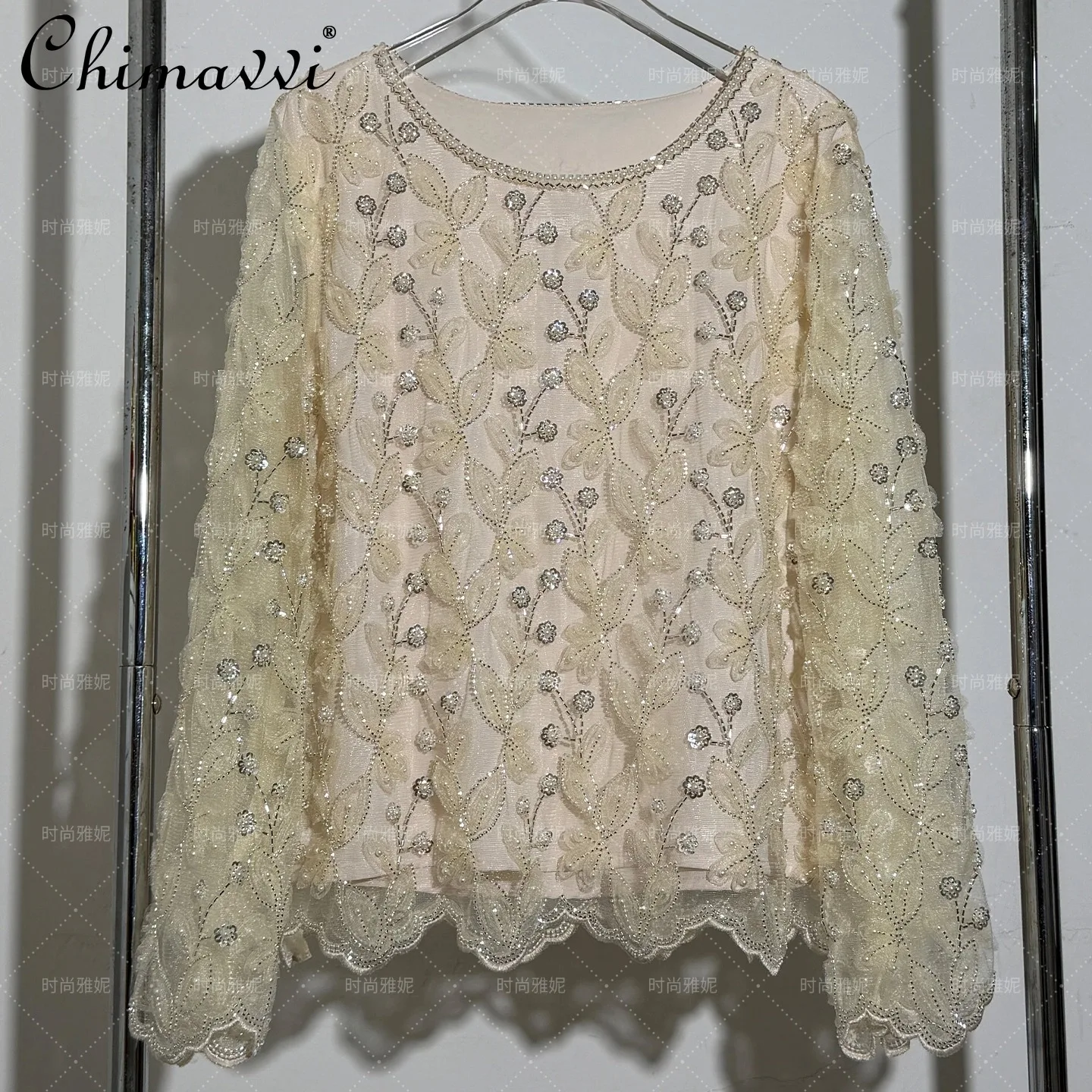 

Модная женская блузка с длинными рукавами в романтическом кружевном стиле, расшитая пайетками и бисером, с круглым вырезом, новинка весна-лето