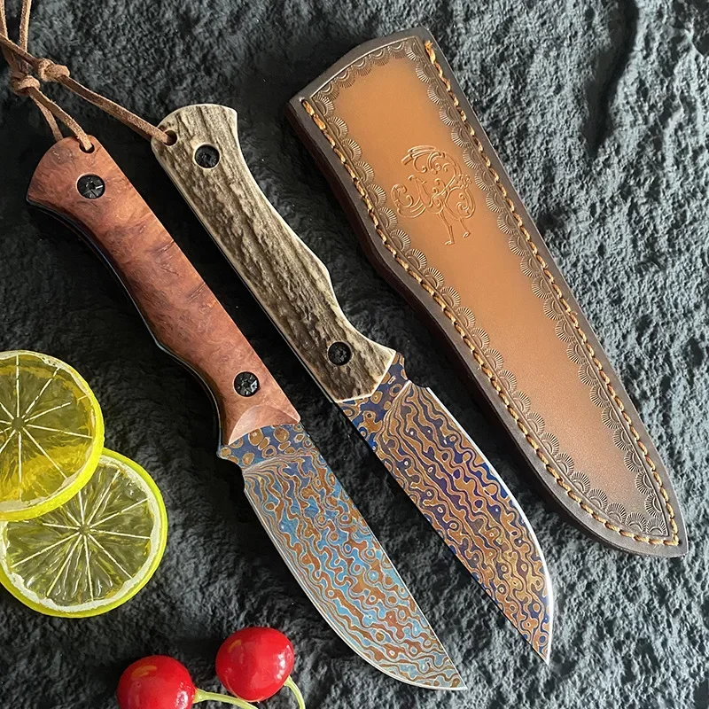 Damascus Steel Fixed Blade Knife Deer Antler / Cherry Blossom Handle Collection Straight Hunting Knifes With Leather Case