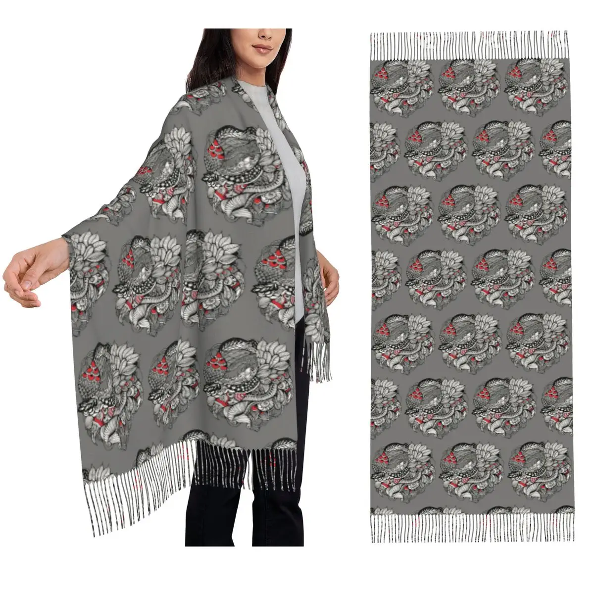 

Ручной рисунок тонкой линии, черный и красный фэнтезийный шарф, шарфы с кисточками, женские мягкие теплые шали и накидки, большая осенне-зимняя шаль