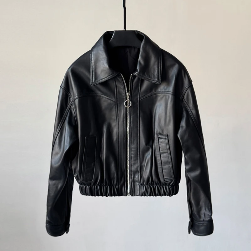 الأحمر 100% معاطف السترة الجلدية الحقيقية للنساء 2025 خريف جديد التلبيب طوق مرونة الخصر الإناث عادية سستة سترة من جلد الغنم القمم