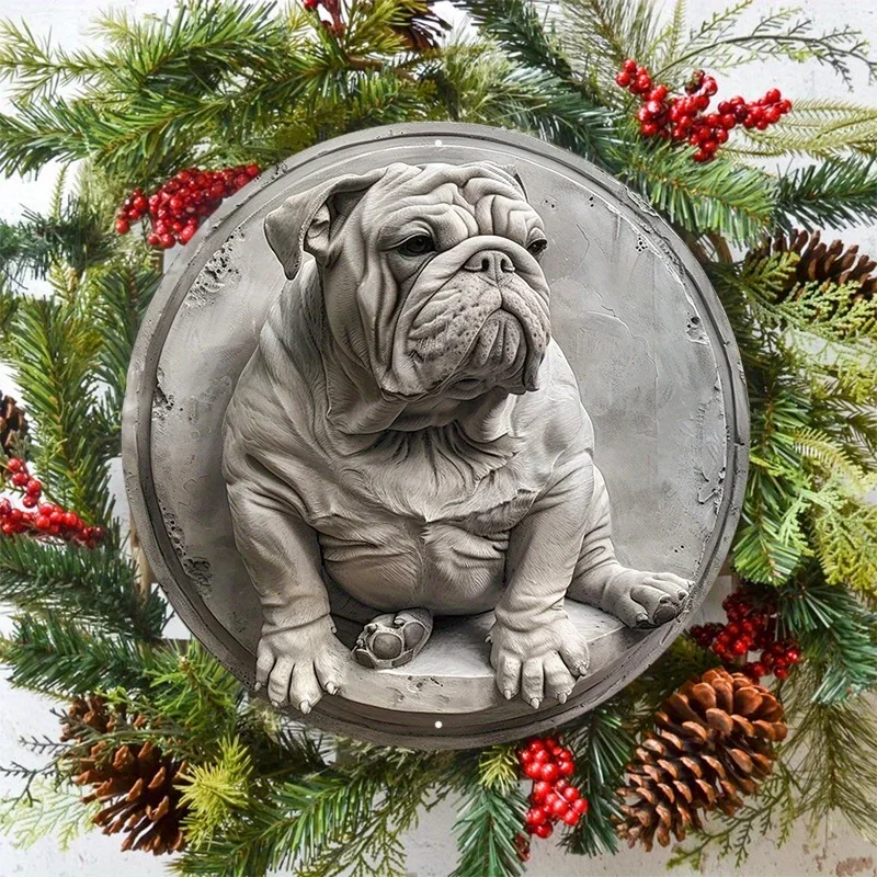 Metal Sign Statue Of English Bulldog Round Aluminum Door Hanger Wall Wreath Metal decoraciรณn bar vintage home decor
