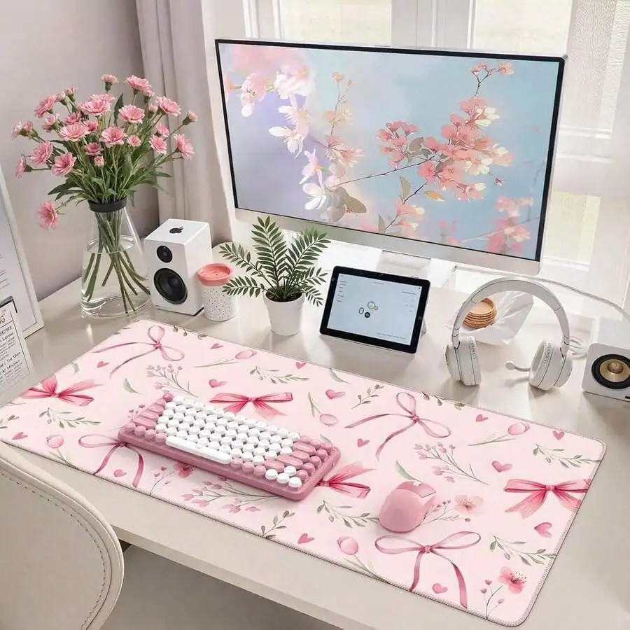 Extra Large Pink Bow Tulip Watercolor Floral Pattern Gaming Mouse Pad, Super Big Non-Slip Rubber Base Keyboard Mat, Suitable For Women & Girls Office Desk Desk Office Supplies Office Decor Desk Mat Mousepad Study Table Mouse Pad For Desk Desk Decor