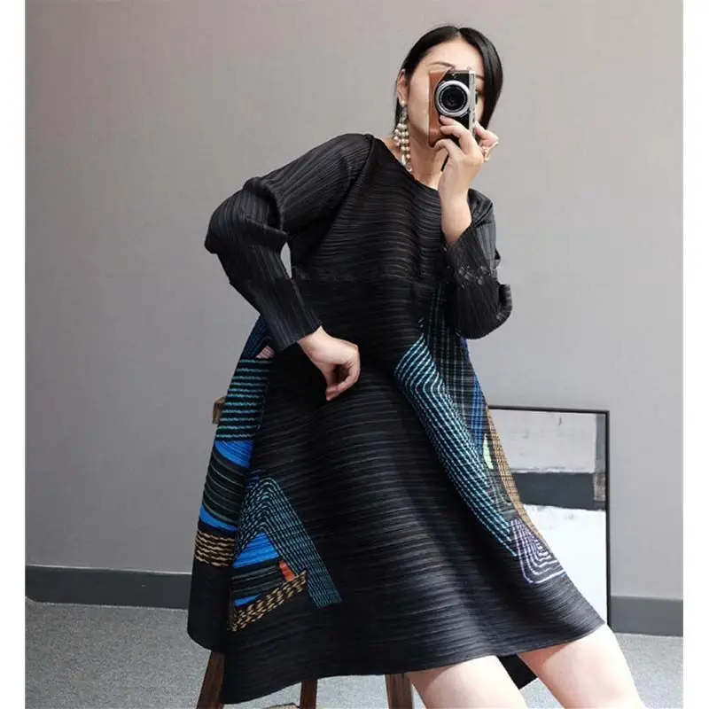 Pleated New 2023 Summer Women's Print A-Edition Wave Pattern Mid length Dress korean style clothes  vestidos