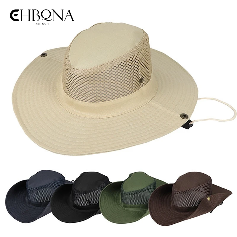 

Summer Cool Mountaineering Cap Mesh Breathable Men Sun Hat Large Brim Outdoor Visors Fashion Solid Color Male Fisherman Hats