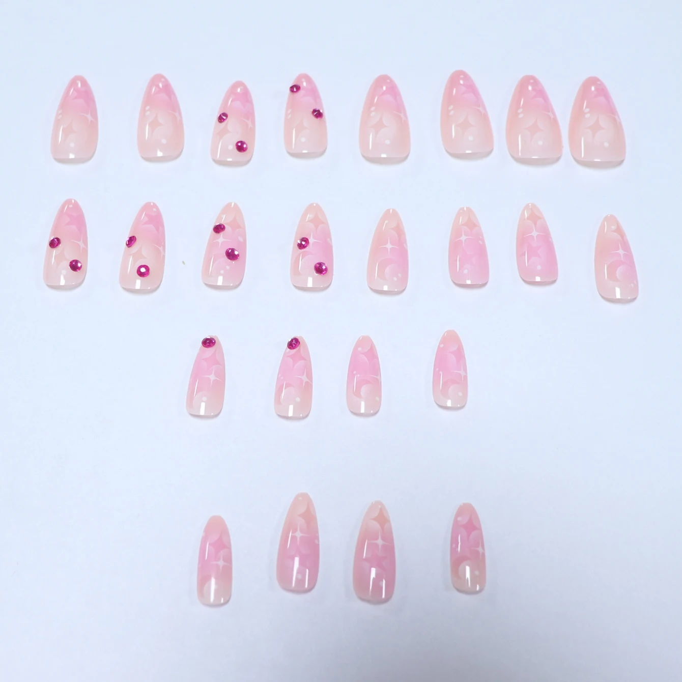 Upgrade Your Look With 24pcs Pink Medium Long Almond  Five-pointed star, the moon Full Cover Fake Nail Set Shiny red rhinestones