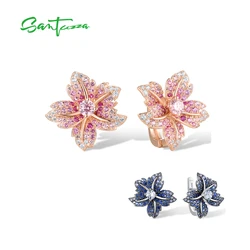 SANTUZZA Pure 925 Sterling Silver Earrings For Women Sparkling Blue Pink Stone Lily Flower Latch Back Luxury Party Fine Jewelry
