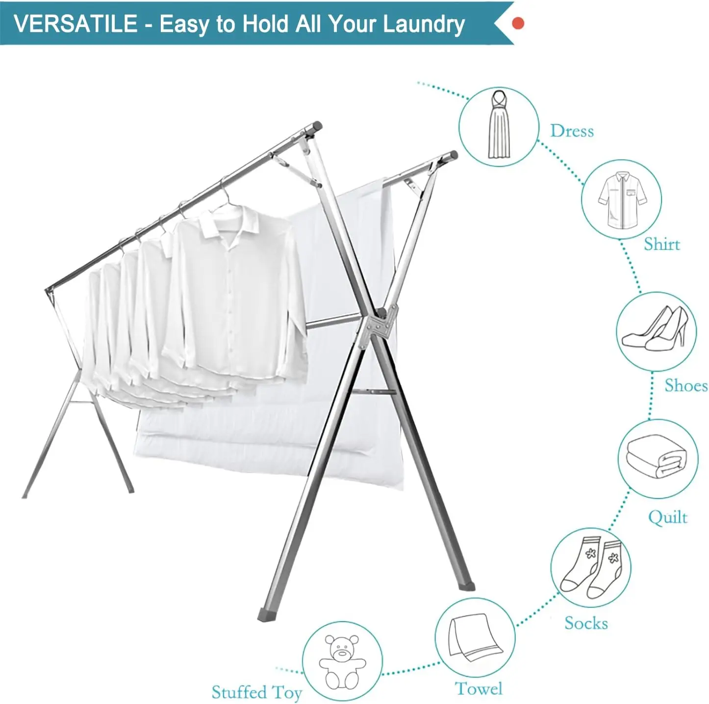 2M Clothes Drying Rack Clothing Folding Indoor Outdoor, Heavy Duty Stainless Steel Laundry Drying Rack