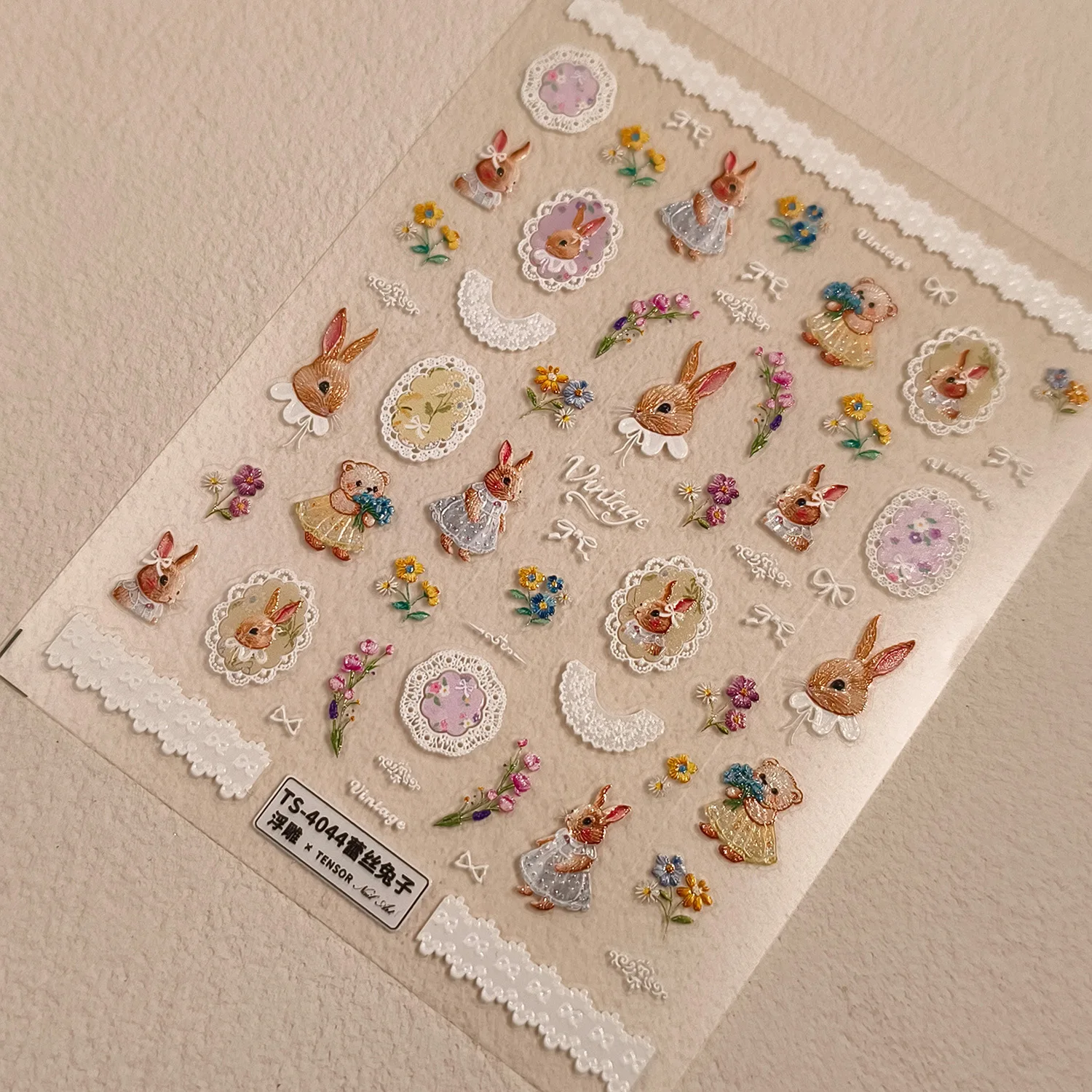 

Easter Vintage White Lace Cute Rabbit Bear Bowknot Colored Flowers Reliefs Self Adhesive Nail Art Stickers Bunny Manicure Decals