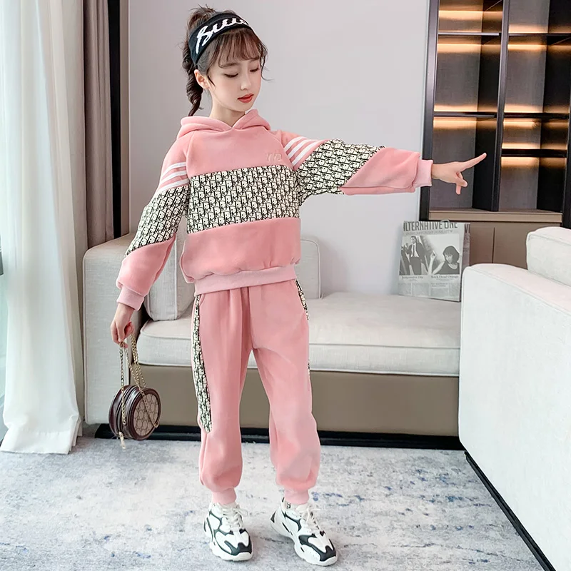 

New Girls Sportwear Suit Fall Winter Clothes Children Velvet Padded 2 Pcs Set Kids Gold Velvet Clothes For Middle School Child