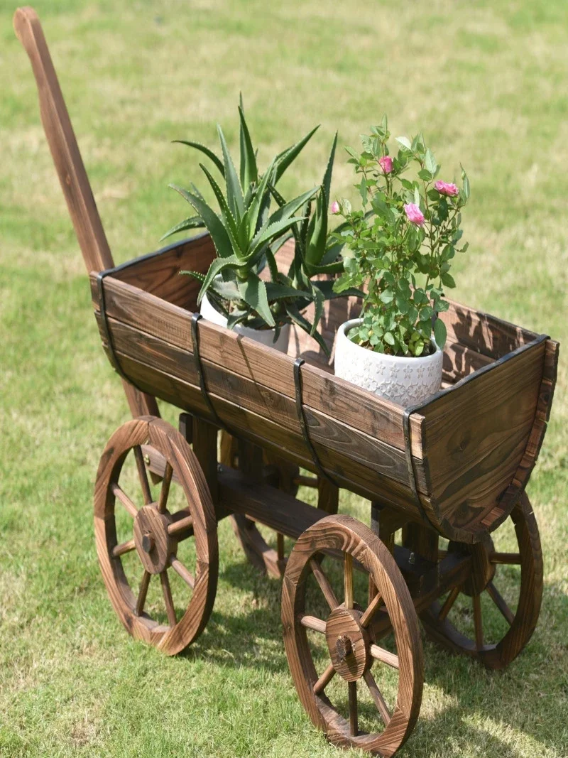 Outdoor Antiseptic Wood Four-Wheel Wooden Float Planting Flower Box Wood Flowerpot Planter Garden Decoration Float Flower Stand