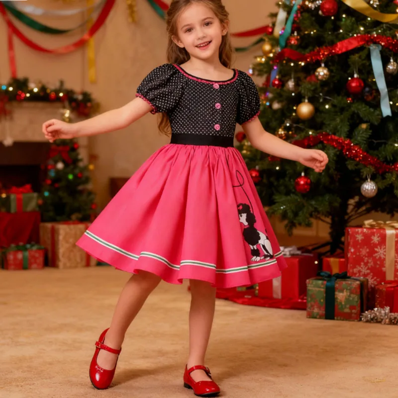 

Christmas Dress Girl Poodle Printed Princess Dress Birthday Dress Pageant Party Carnival Costume For Children New Year Dress