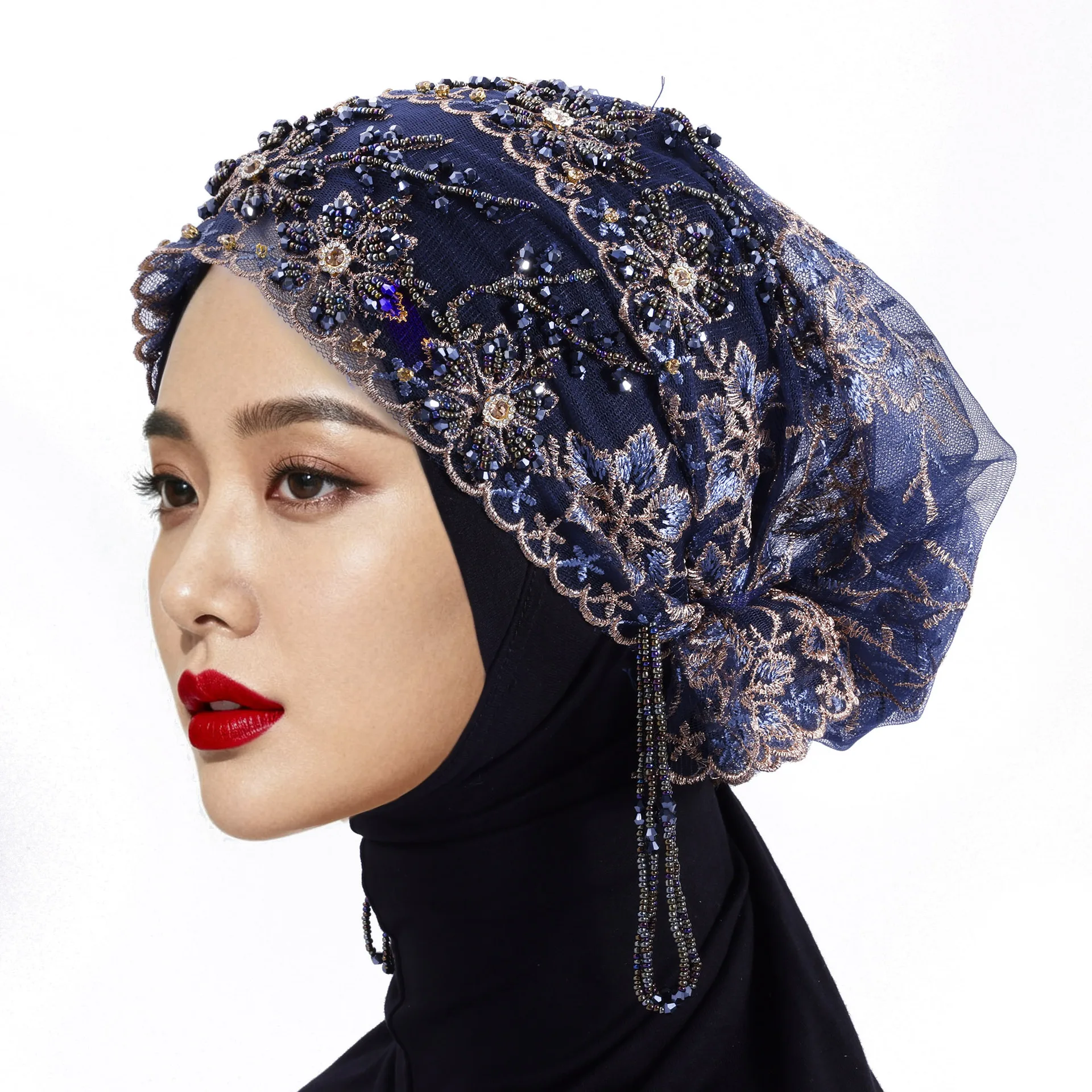 

Luxury Heavy Industry Beaded Lace Headscarf & Hat Set | Hand-Embroidered with Tassels | Artisan Family Heirloom Collection