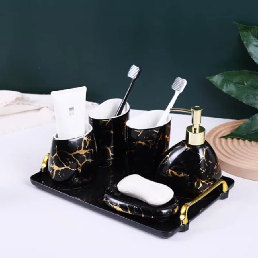 

Bathroom Accessories SetGold Marble Look Bathroom Decor Modern 6 Pcs Bathroom Accessory Set Complete with Soap Dispenser Toothb