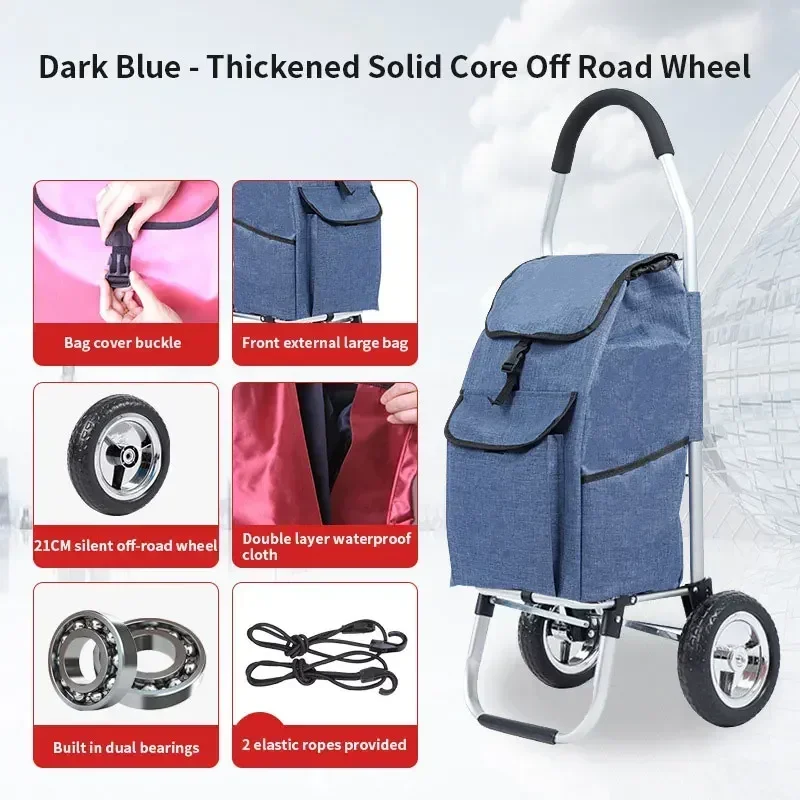 Two Wheeled Folding Small Cart, Portable, for Grocery Shopping, Aluminum Alloy Frame, with Bag, Outdoor Use