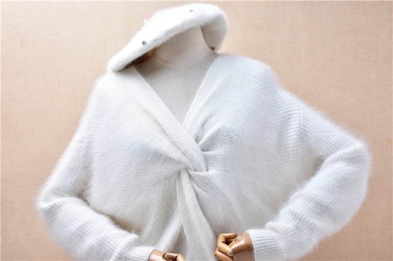 Dames femmes automne hiver mode blanc attaché poilu vison cachemire tricoté col en v manches longues ample Long Pull Pull Pull