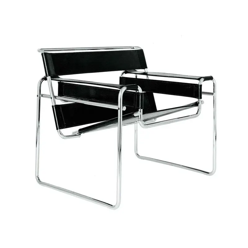 

#Modern Bauhaus Style Heavy Duty Armchair Tubular Steel Frame Suspended Vegan Leather Strip Chair Wassily for Home Office Dining