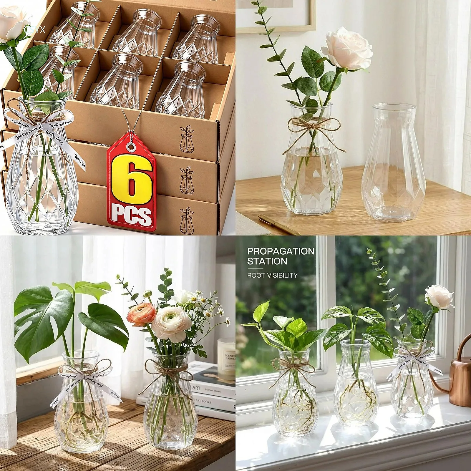6PCS Diamond Shaped Flower Bottles Transparent PET Vases Wedding Party Container DIY Home Office Table Decoration Supplies