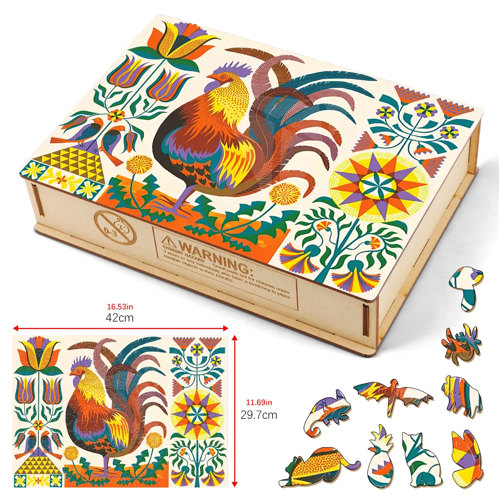 Caja de rompecabezas de gallo para niños, rompecabezas de madera de animales, juegos de mesa ilustrados, gallo y flores, rompecabezas de inteligencia, Juguetes