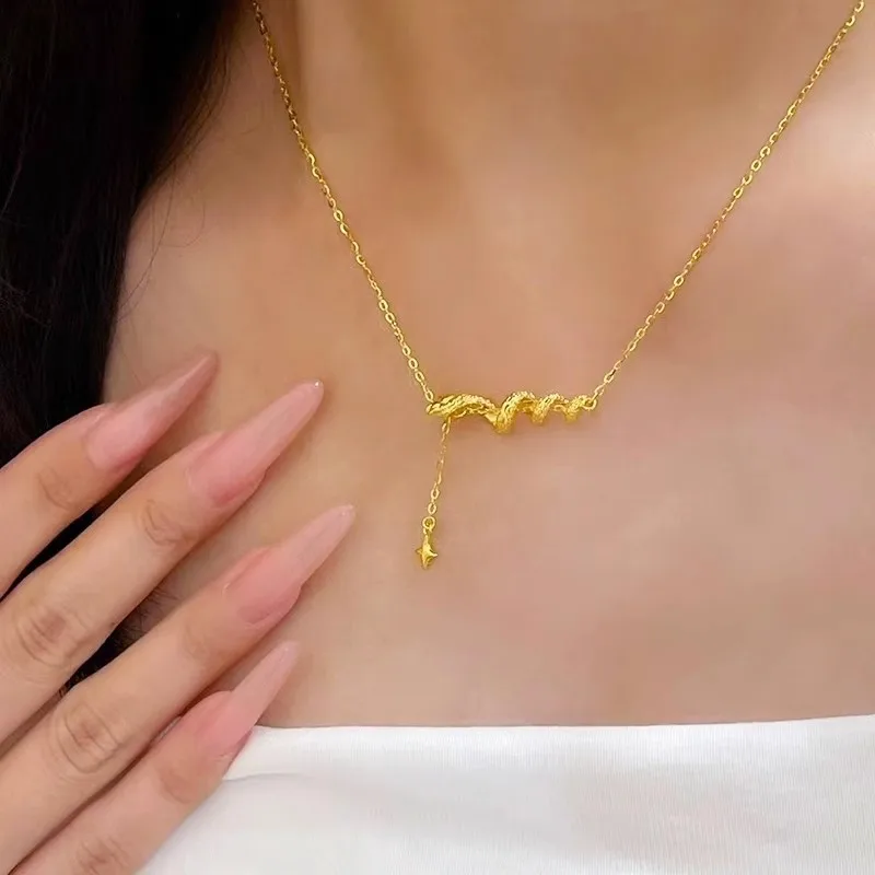 Gold Snake Necklace for Women Chinese Style Minimalist Delicate Handmade Wrap Clavicle Chain Simple Dainty Jewelry Accessory