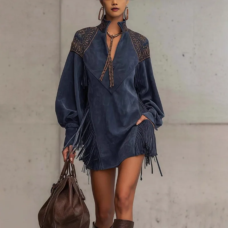 Women's Autumn Spring Dress V-neck Fringe Embroidery New Comfortable Casual Minimalist Fashionable Niche Elegant Versatile Fit