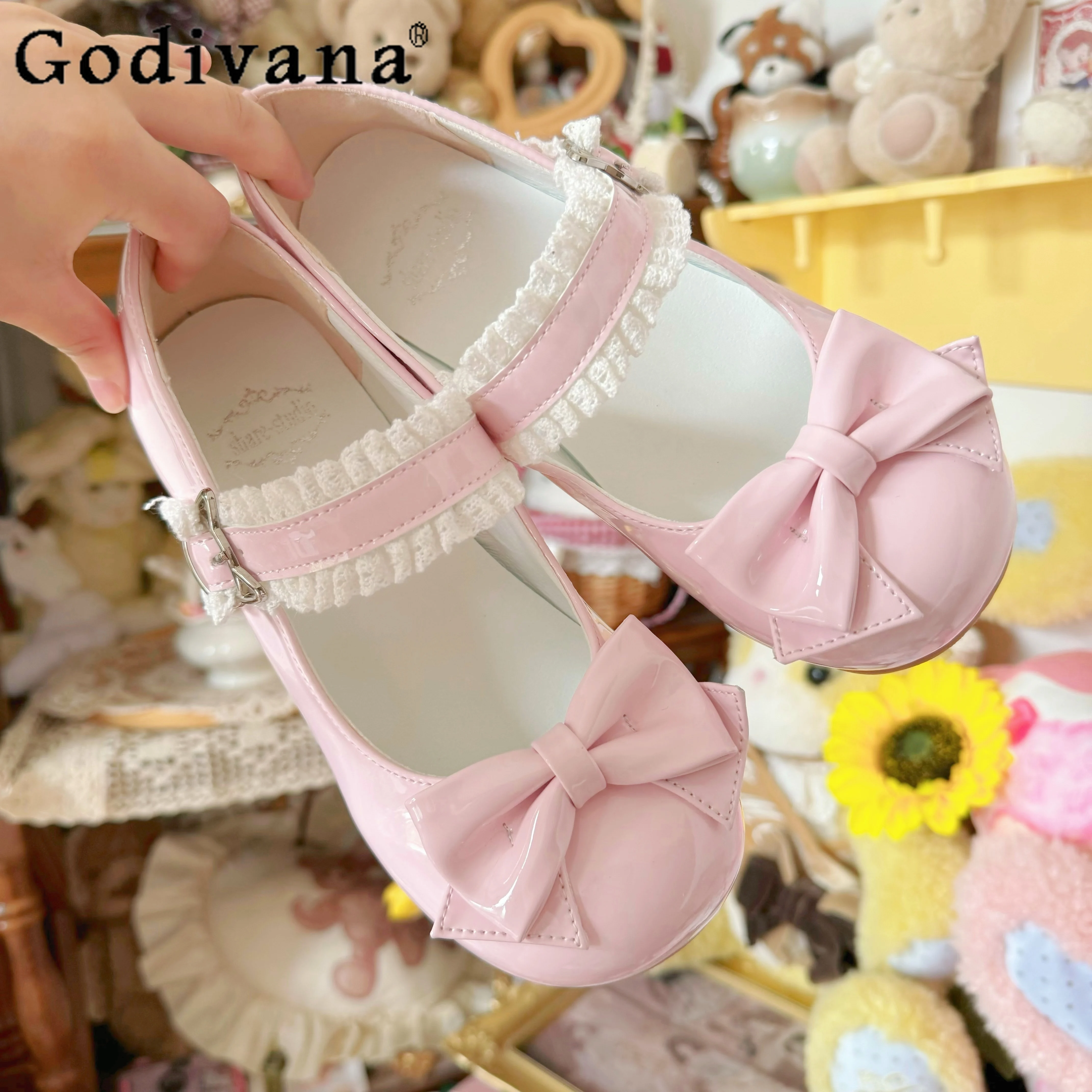 

Princess Bow Casual Round Head Leather Flats Shoes Womens College Girls Red Kawaii Lolita Shoe