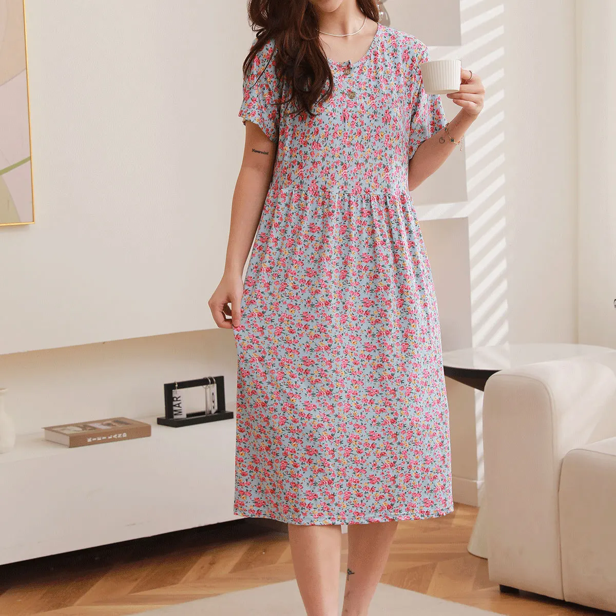 Summer Ladies Nightdress Floral Dress New Nightdress Loungewear Middle-Aged and Elderly Short Sleeve Long Skirt Loungewear