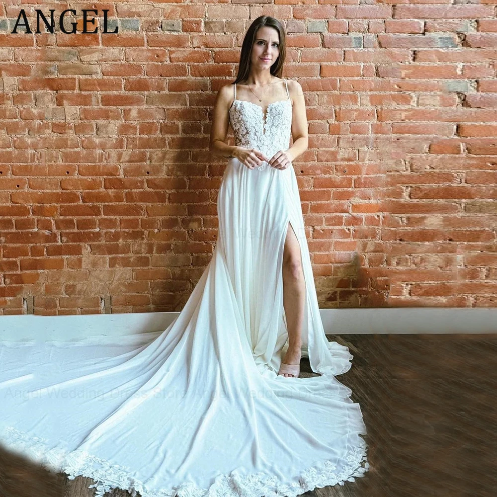 ANGEL Wedding Dress 2024 New A-Line Spaghetti Strap Chiffon Front Split Bridal Gowns Appliques Beading Zipper Vestidos de Novia