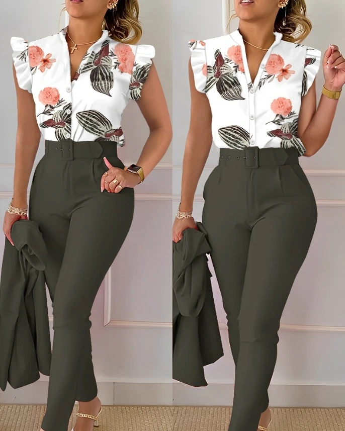 

Women's 2024 Spring/Summer New Fashion Printed Lotus Leaf Sleeve Top Solid Color Pants Set with Belt