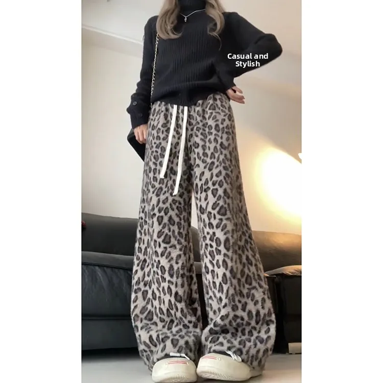 Trendy High Street Leopard Print Casual Pants Women's Autumn Winter Thiened Warm Wide Leg Pants American Sle Faux Fur Lined