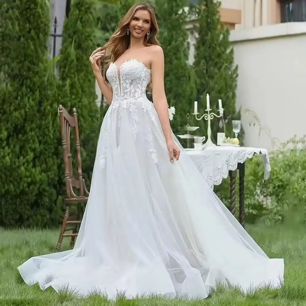 Customized Popular Strapless V-neck 3D Flower Lace Applique A Line Wedding Dresses Sweep Train 2025 Vestido De Noival