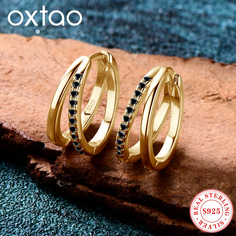 

OXTAO круглые серьги-кольца с цирконием для женщин, настоящее серебро 925, черный/зеленый драгоценный камень, висячие серьги, свадебные украшения, подарок