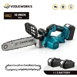 12 Inch Brushless Cordless Electric Chainsaw 5000W Garden Purning Saw with Two Chains Tree Branches Cut for Makita 18V Battery